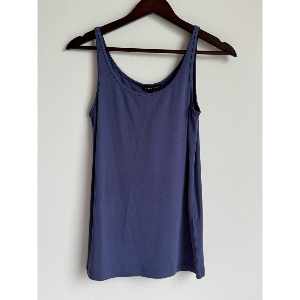 Eileen Fisher Stretch 100% Silk Jersey Scoop Neck Long Cami Blue Small